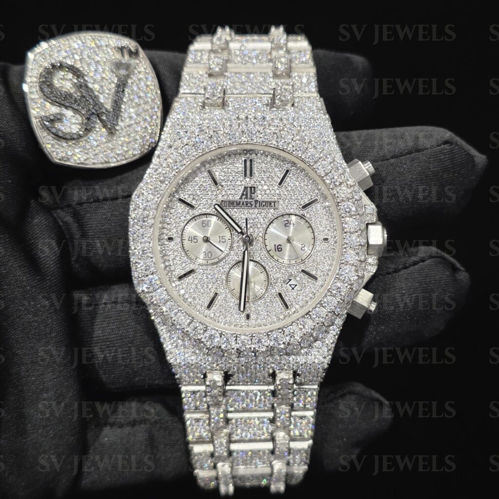 Silver Chronograph AP Brand Fully Mossonite Diamond 1:1 Automatic Movement Timeless Watch by Sv jewels.