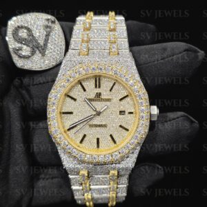 Two Tone Yellow Silver Color New Launch AP Brand Fully Mossonite Diamond 1:1 Automatic Movement Timeless Watch by Sv jewels.