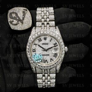 Fully Silver Roman Round Dial Rolex Brand Fully Ice Out Moissnite Diamond 1:1 Automatic Movement Timeless Watch. (Copy)