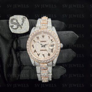 Rose Gold Two Tone Arabic Round Dial Rolex Brand Fully  Moissnite Diamond 1:1 Automatic Movement Timeless Watch. (Copy)