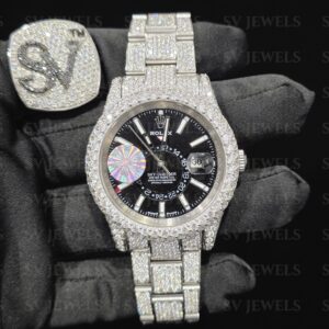 Fully silver black Round Dial Stainless Steel Band Rolex Brand Fully Mossonite Diamond 1:1 Automatic Movement Timeless Watch.