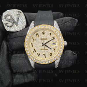 half yellow two tone Round Dial rubber  Band Rolex Brand Fully Mossonite Diamond 1:1 Automatic Movement Timeless Watch.