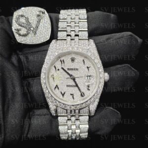 Fully silver Arabic Round Dial Band Rolex Brand Fully Mossonite Diamond 1:1 Automatic Movement Timeless Watch.