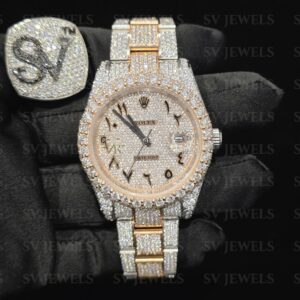 Rose gold two tone Arabic Round Dial Rolex Brand Fully Mossonite Diamond 1:1 Automatic Movement Timeless Watch.