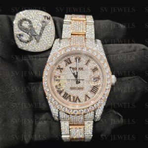Rose gold two tone roman Round Dial Rolex Brand Fully Mossonite Diamond 1:1 Automatic Movement Timeless Watch.